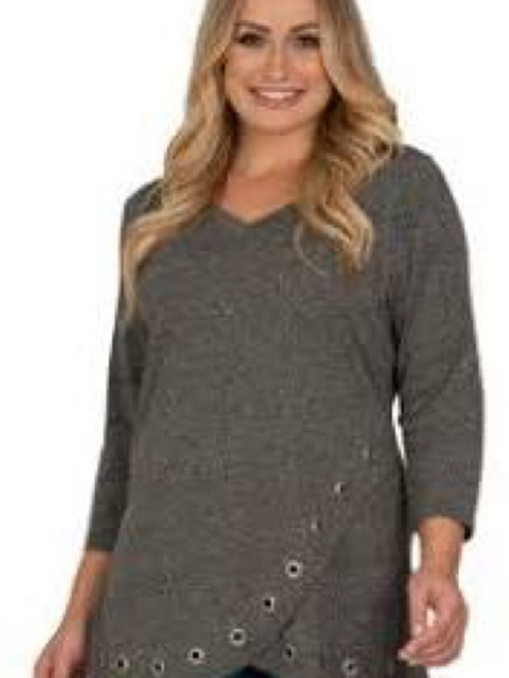 I.N. Studio Gray V-Neck Eyelet Hem Tunic. PL